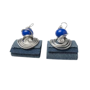 Denim Packet Book Earrings with Blue Acrylic Beads